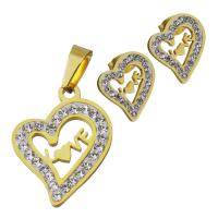 Rhinestone stainless steel Jewelry Set, Stud Earring & pendant, with Rhinestone Clay Pave, Heart, gold color plated, fashion jewelry & for woman  Approx 