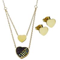 Rhinestone stainless steel Jewelry Set, Stud Earring & necklace, with Rhinestone Clay Pave, with 2Inch extender chain, Heart, gold color plated, fashion jewelry & oval chain & for woman  1.25mm Approx 18 Inch 