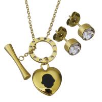 Rhinestone stainless steel Jewelry Set, Stud Earring & necklace, gold color plated, fashion jewelry & oval chain & for woman & with rhinestone  2mm Approx 19.5 Inch 