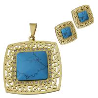Turquoise Stainless Steel Jewelry Sets, Stud Earring & pendant, with turquoise, gold color plated, fashion jewelry & for woman & with rhinestone  Approx 