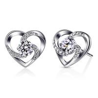 Sterling Silver Stud Earring, 925 Sterling Silver, Heart, plated, micro pave cubic zirconia & for woman & hollow 