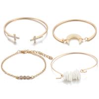Zinc Alloy Bracelet Set, cuff bangle & bracelet, with Shell, gold color plated, 4 pieces & oval chain & for woman & with rhinestone, 20mm,25mm,30mm Approx 7.5 Inch 
