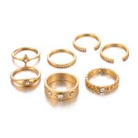 Zinc Set anillo de aleación, aleación de zinc, anillo de dedo, chapado en color dorado, 7 piezas & para mujer & con diamantes de imitación, tamaño:10.5, Vendido por Set