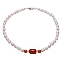Freshwater Pearl Brass Necklace, with rhinestone brass spacer & Gemstone & Glass Seed Beads, brass lobster clasp, platinum color plated & for woman, 8-10mm,18*14*14mm Approx 17 Inch 