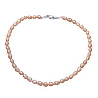 Freshwater Pearl Brass Necklace, with Glass Seed Beads, brass lobster clasp, Rice, platinum color plated, for woman, pink, 8-10mm Approx 17.7 Inch 