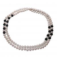 Freshwater Pearl Sweater Chain Necklace, with Black Agate, Potato, natural, for woman, white and black, 8-11mm Approx 45 Inch 