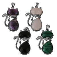 Gemstone Brass Pendants, with Gemstone, Cat, silver color plated, fashion jewelry Approx 5.5mm 