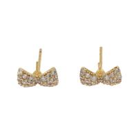 Brass Earring Stud Component, Bowknot, gold color plated, fashion jewelry & for woman & with rhinestone, 10.5*7.5*2.5mm 