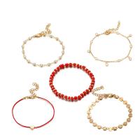 Zinc Alloy Anklet, with Nylon Cord & Resin, gold color plated, 5 pieces & for woman & with rhinestone 