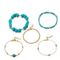 Zinc Alloy Anklet, with Synthetic Turquoise, gold color plated, 5 pieces & twist oval chain & oval chain & for woman & enamel, skyblue 