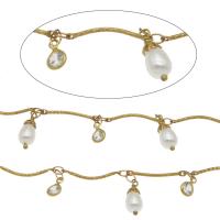 Brass Chain, with Crystal & Plastic Pearl, gold color plated, white, 14*5.5mm,8*5*2.5mm,19*2*1mm,4*3*0.5mm 