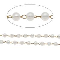 Brass Chain, with ABS Plastic Pearl, Round, gold color plated, white, 3mm,2*1.5mm 