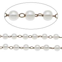 Brass Chain, with ABS Plastic Pearl, Round, white, 4*3.5mm,3*2mm 