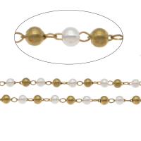 Brass Chain, with ABS Plastic Pearl, Round, white, 3*2.5mm,3*3mm,3*2*0.5mm 