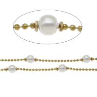 Brass Chain, with ABS Plastic Pearl, Round, gold color plated, white, 4*3.5mm,1.5mm 