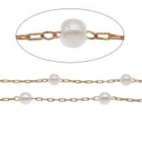 Brass Chain, with ABS Plastic Pearl, rose gold color plated, white, 4*3.5mm,3*1.5*0.5mm 