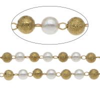 Brass Chain, with ABS Plastic Pearl, Round, gold color plated, white, 4.5*4mm,3*2*0.5mm 