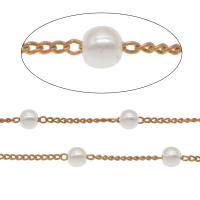 Brass Chain, with ABS Plastic Pearl, Round, rose gold color plated, white, 4*3.5mm,2*1.5*0.5mm 