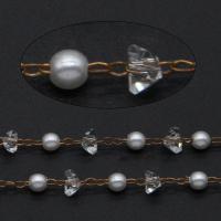 Brass Chain, with ABS Plastic Pearl & Crystal, rose gold color plated, faceted, white, 4.5*3.5*3.5mm,3*3mm,2.5*2*0.5mm 