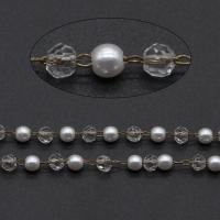 Brass Chain, with ABS Plastic Pearl & Crystal, Round, faceted, 3.5mm,3.5*3mm,2.5*1.5*0.5mm 