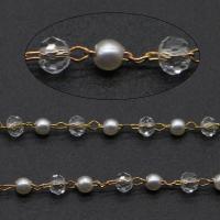Brass Chain, with ABS Plastic Pearl & Crystal, gold color plated, white, 3*2.5mm,2.5mm,2.5*1.5*0.5mm 