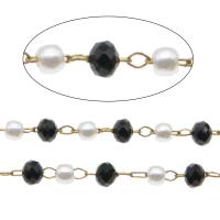 Handmade Brass Chain, with ABS Plastic Pearl & Crystal, faceted, white and black, 3*2.5mm,2.5*1.5*0.5mm 