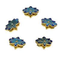 Perlas de esmalte latón, metal, Flor, chapado en color dorado, azul, 10x14x6.6mm, agujero:aproximado 2mm, 5PCs/Grupo, Vendido por Grupo