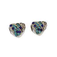Rhinestone Zinc Alloy European Beads, Heart, antique silver color plated, with rhinestone, blue Approx 5mm 