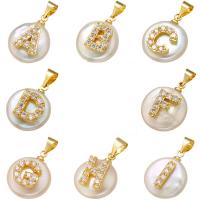Cultured Freshwater Pearl Brass Pendant, with Freshwater Pearl, Alphabet Letter, gold color plated, DIY & micro pave cubic zirconia, nickel, lead & cadmium free 