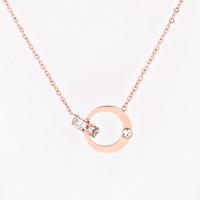 Stainless Steel Jewelry Necklace, with 65mm extender chain, rose gold color plated, for woman & with rhinestone Approx 16.37 Inch 