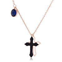 Stainless Steel Jewelry Necklace, with Crystal, Cross, rose gold color plated, for woman Approx 15.7 Inch 