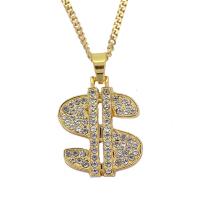 Rhinestone Zinc Alloy Necklace, with Stainless Steel, Dollar Sign, gold color plated, French Rope Chain & for man & with rhinestone, 43*28mm Inch 