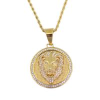 Stainless Steel Jewelry Necklace, Lion, gold color plated, French Rope Chain & Unisex & with rhinestone 60*42mm Inch 