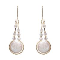Freshwater Pearl Brass Earring, with Crystal & Brass, gold color plated, for woman, white 