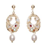 Freshwater Pearl Brass Earring, with Crystal & Brass, gold color plated, for woman & faceted & with rhinestone 
