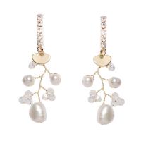 Freshwater Pearl Brass Earring, with Crystal & Brass, gold color plated, for woman & with rhinestone, white 