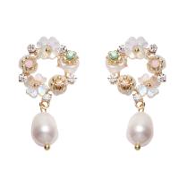 Freshwater Pearl Brass Earring, with Brass, gold color plated, for woman & with rhinestone, white 