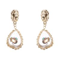 Freshwater Pearl Brass Earring, with Crystal & Brass, gold color plated, for woman & faceted, white 