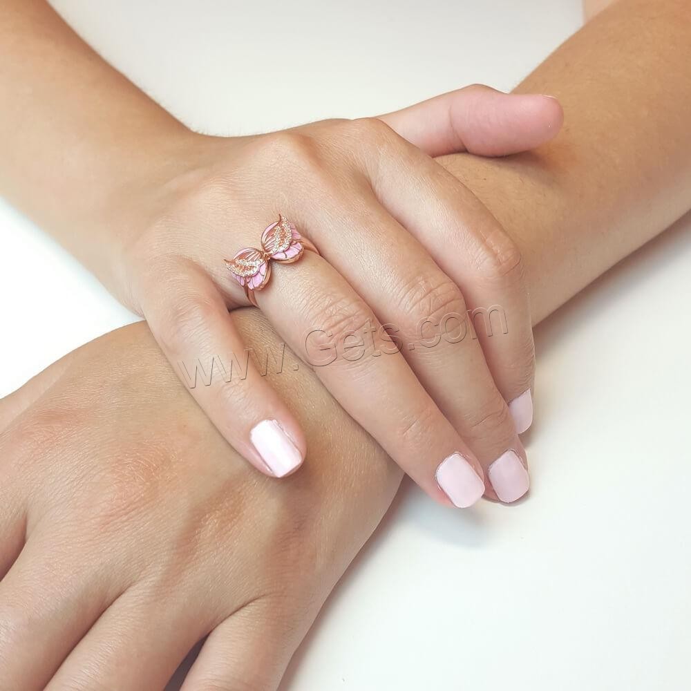 Anillo de dedo de aleación de Zinc, Mariposa, chapado en color rosa dorada, diverso tamaño para la opción & para mujer & pegamento de gota & con diamantes de imitación, Rosado, Vendido por UD
