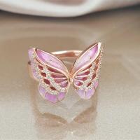 Rhinestone Zinc Alloy Finger Ring, Butterfly, rose gold color plated & for woman & epoxy gel & with rhinestone, pink 