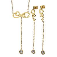 Rhinestone stainless steel Jewelry Set, earring & necklace, with 2Inch extender chain, gold color plated, oval chain & for woman & with rhinestone, 44mm 1.2mm,51mm Approx 17 Inch 