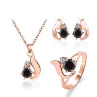 Rhinestone Zinc Alloy Jewelry Set, Stud Earring & finger ring & necklace, with Obsidian, rose gold color plated, three pieces & oval chain & for woman & with rhinestone, black, 15mm, US Ring .5 Approx 19.5 Inch 