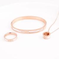 Rhinestone stainless steel Jewelry Set, bangle & finger ring & necklace, with White Shell, with 50mm extender chain, rose gold color plated & for woman & with rhinestone Approx 15.35 Inch 