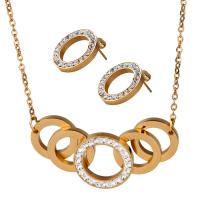 Rhinestone stainless steel Jewelry Set, Stud Earring & necklace, gold color plated, for woman & with rhinestone uff0c15mm Approx 18 Inch 