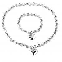 Fashion Stainless Steel Jewelry Sets, bracelet & necklace, Heart, silver color plated, oval chain & for woman, 8mmuff0c12mm 