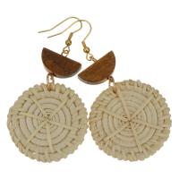 Rattan Earring, Stainless Steel, with Rattan, Flat Round, gold color plated, fashion jewelry & woven pattern & for woman, 74mm,37mm 