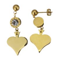 Stainless Steel Drop Earring, Heart, gold color plated, fashion jewelry & for woman & with rhinestone, 38mm 