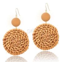 Rattan Drop Earring, with Wood & Brass, Flat Round, gold color plated, for woman 44.9*76.2mm 
