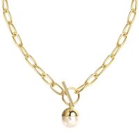 Brass Jewelry Necklace, with ABS Plastic Pearl, gold color plated, oval chain & for woman, 12*14mm,6mm Approx 16.5 Inch 