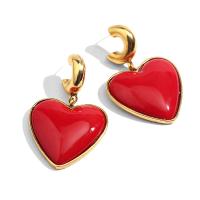 Brass Drop Earring, Heart, gold color plated, fashion jewelry & for woman & enamel, red, 52*32mm 